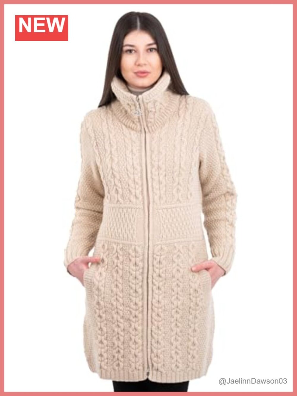 Irish Merino Wool Aran Cable Knit Cardigan Zip Coat Pockets